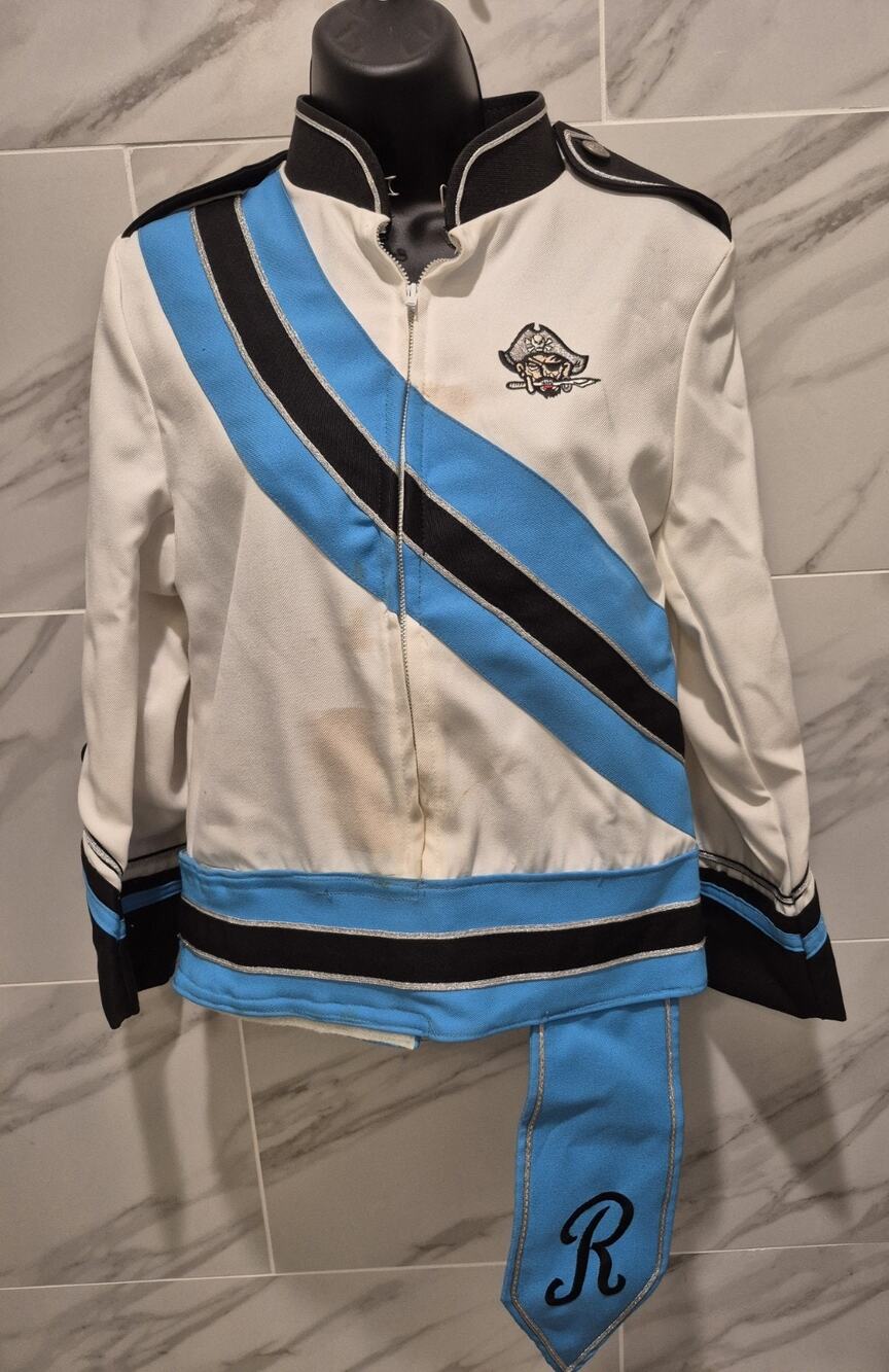 Vintage 80s Marching Band S/6 Short Jacket Zipped White Blue Black Mild Stains